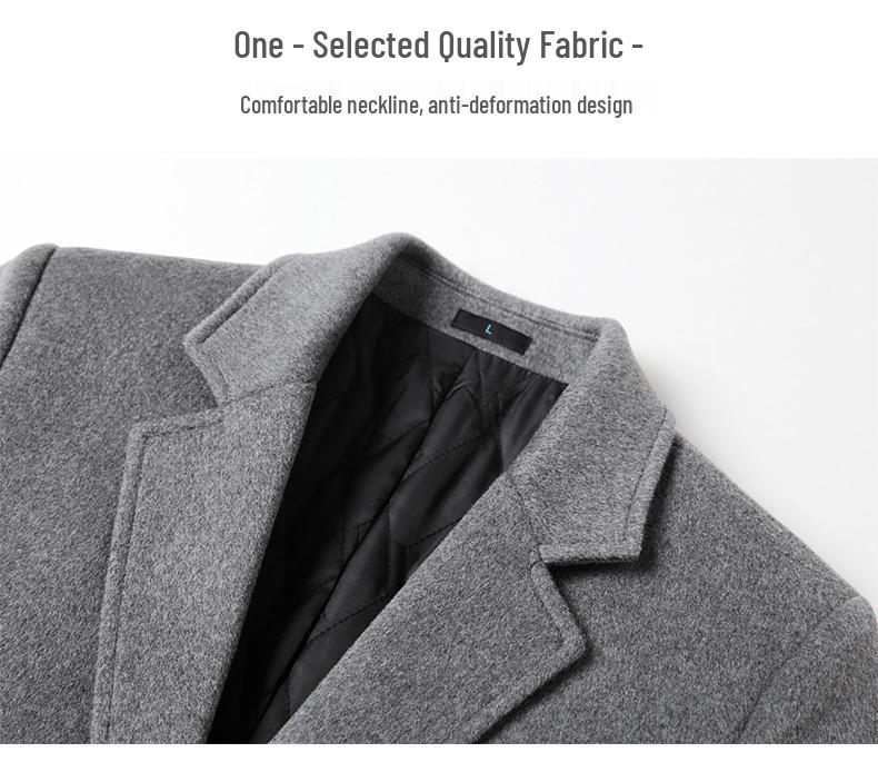 Men's Mid-Length Wool Overcoat with Cotton Padding and Suit Collar - Casual Plus Size