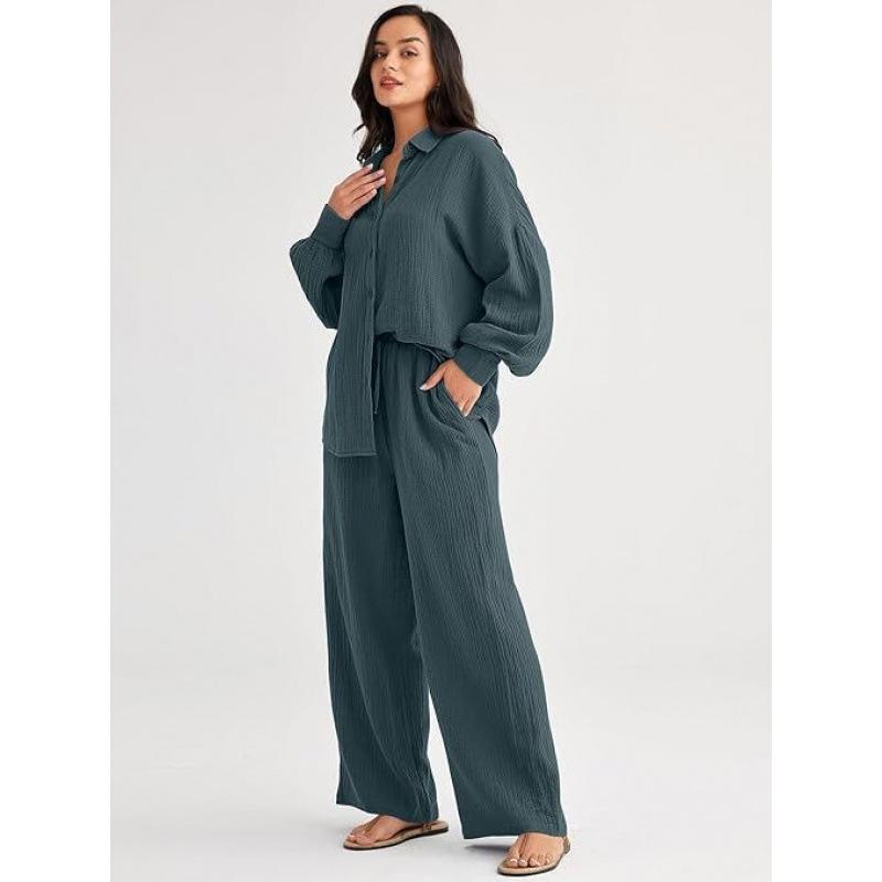 Women's Casual Long Sleeve Shirt and Wide Leg Pants Set In Multi Colors