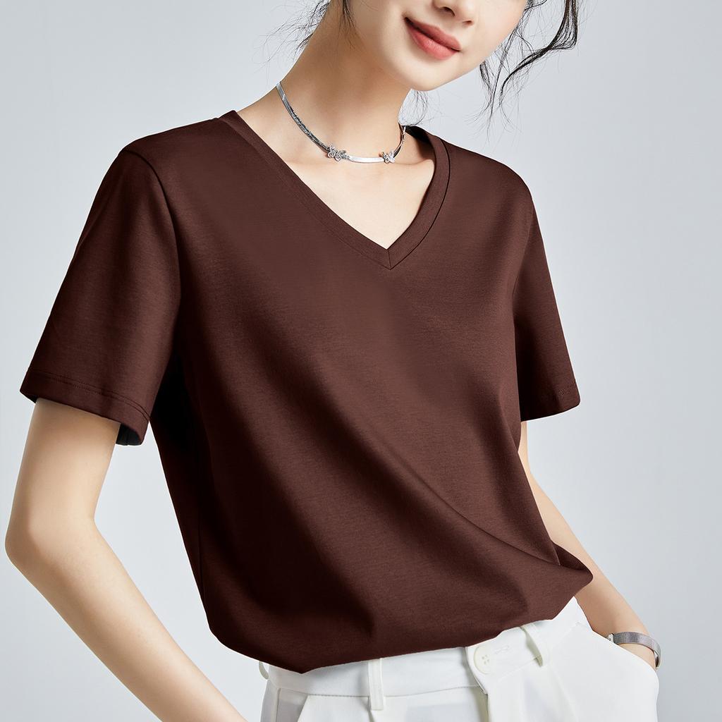 High-quality mercerized cotton women's short-sleeved new loose inner and outer wear round neck liquid ammonia bottoming shirt