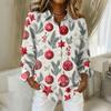 Women's Christmas Printed Button Up Long Sleeved Casual Regular Shirt With Collar Top