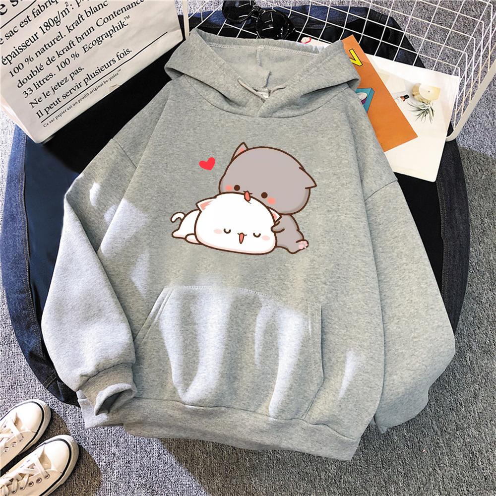 Pfirsich Katze Kawaii Nette Plus Größe Hoodies Warme Harajuku Übergroßen Sweatshirt Frauen Cartoon Winter Druck Pullover Lose Streetwear
