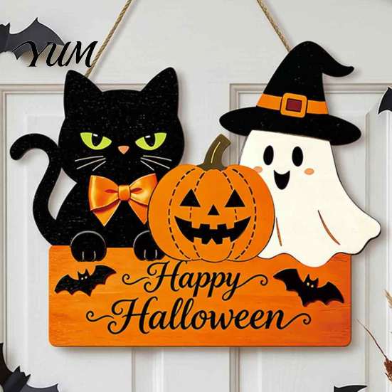 Festive Hanging Decoration for Friends Halloween Door Sign with Hemp Rope Lanyard, Pumpkin Ghost Printed Seasonal Store Window Display Plaque, Wooden