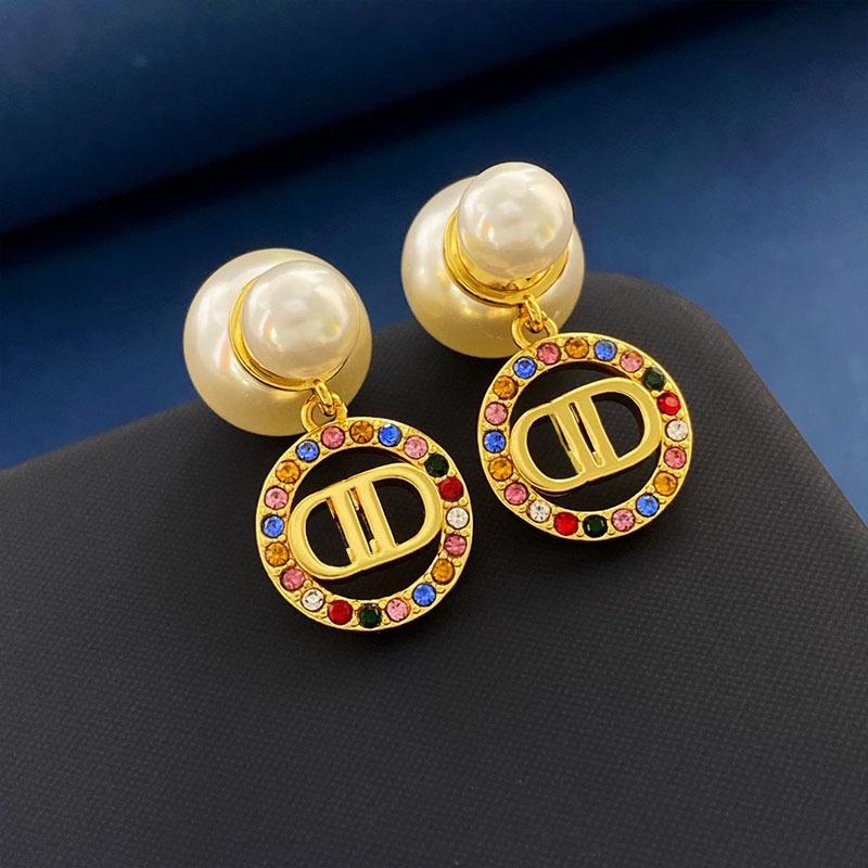 Pearl Letter Rear Hanging Earrings Femininity Celebrity Style Fashion Design Sense Hollow Round Diamond Stud Earrings