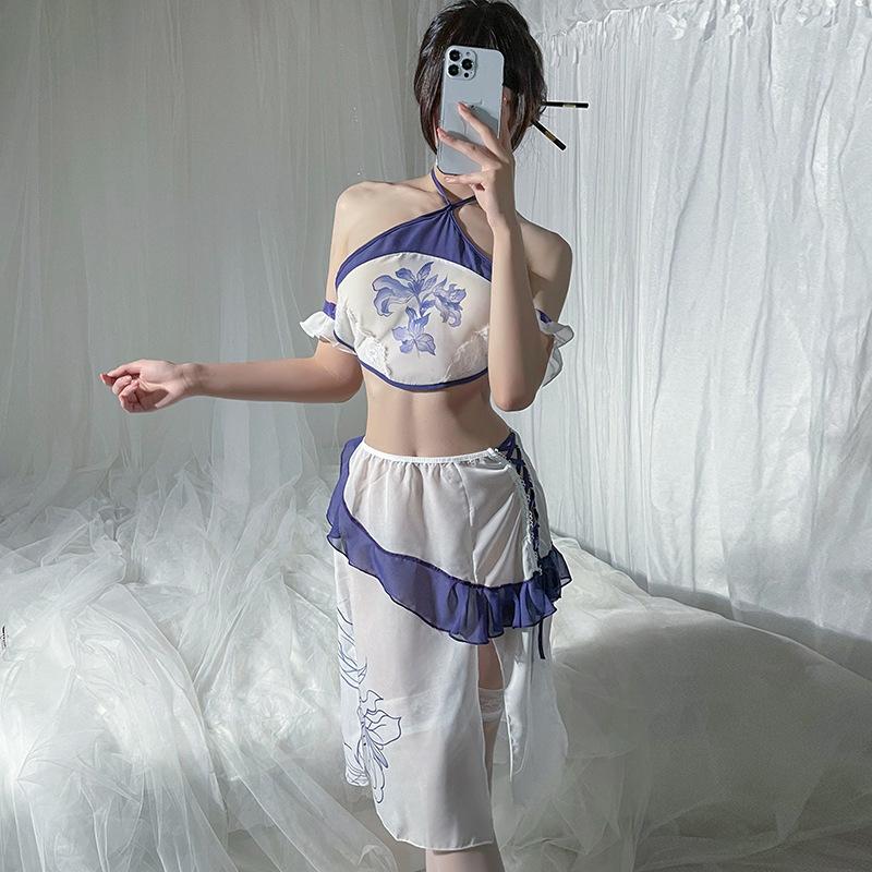 

Забавный женский ретро-костюм ханьфу синего и белого цвета с разрезом на шее для мужа и жены One size