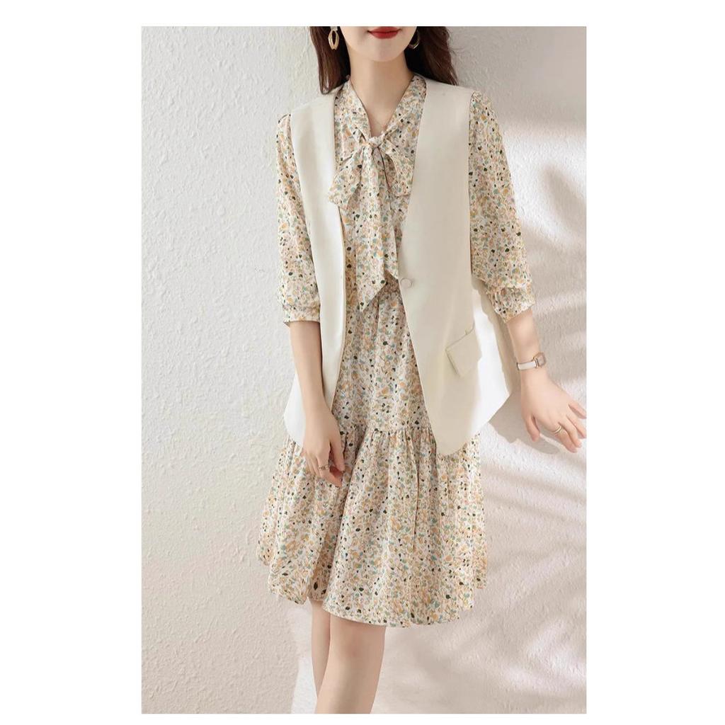 Floral Dress Women's Autumn New Women's Autumn Vest Suit Skirt Chiffon Skirt Vest Two-piece Suit