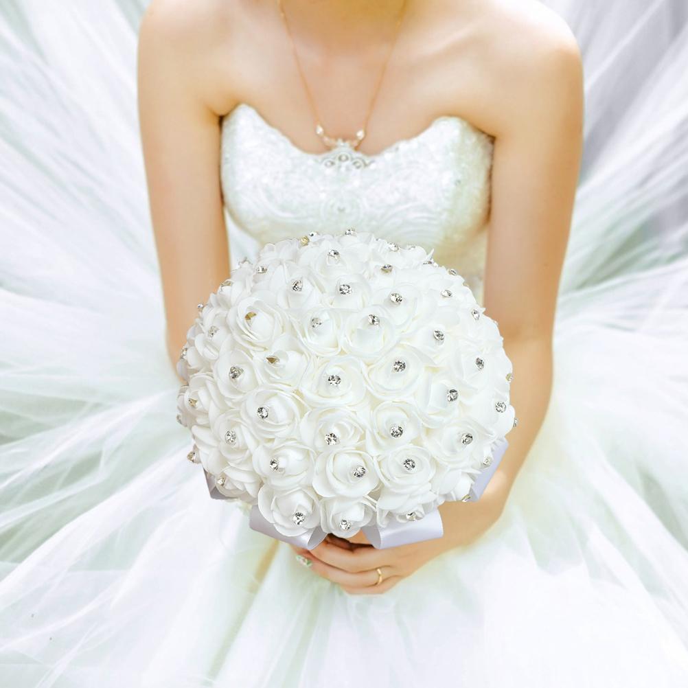 Weißer Brautstrauß Künstlicher Rosenstrauß mit Kristallperle für Hochzeit Verlobung Zuhause