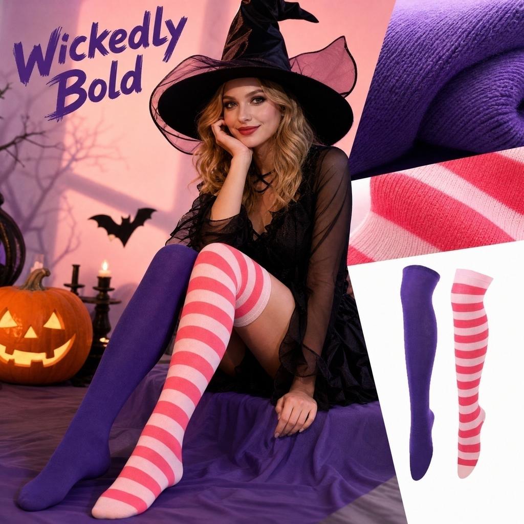 Damen Halloween Kniestrümpfe mit breiten Streifen, Colorblock-Muster für Kostümparty