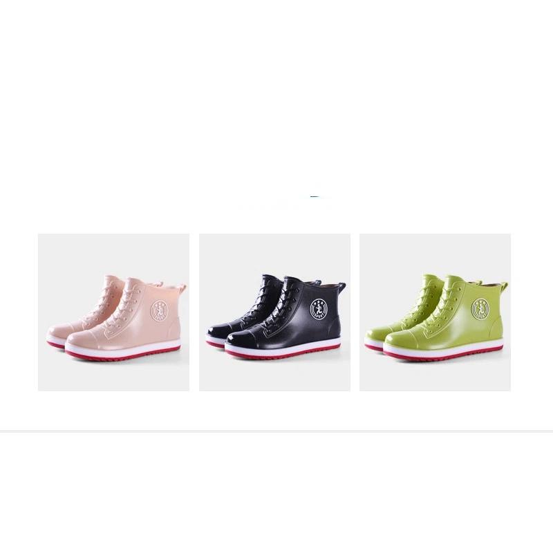 Women Ankle Rain Boots Lace Up Canvas Style Waterproof PVC Rubber Wellies Non Slip Casual Short Rain Shoes