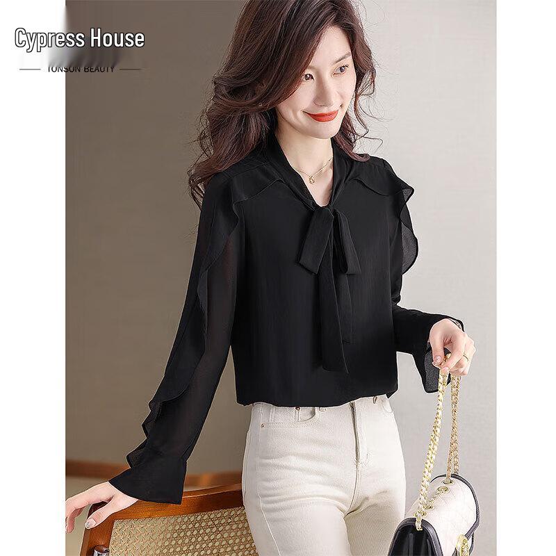 Women s Ruffle Trim Bow Tie Long-Sleeved Blouse M