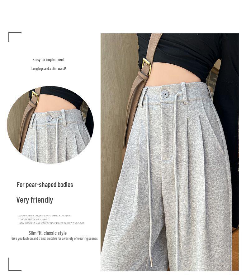 Women's High-Waist Gray Sweatpants - Summer Wide-Leg Floor-Length, Casual Loose American Style with Drawstring.