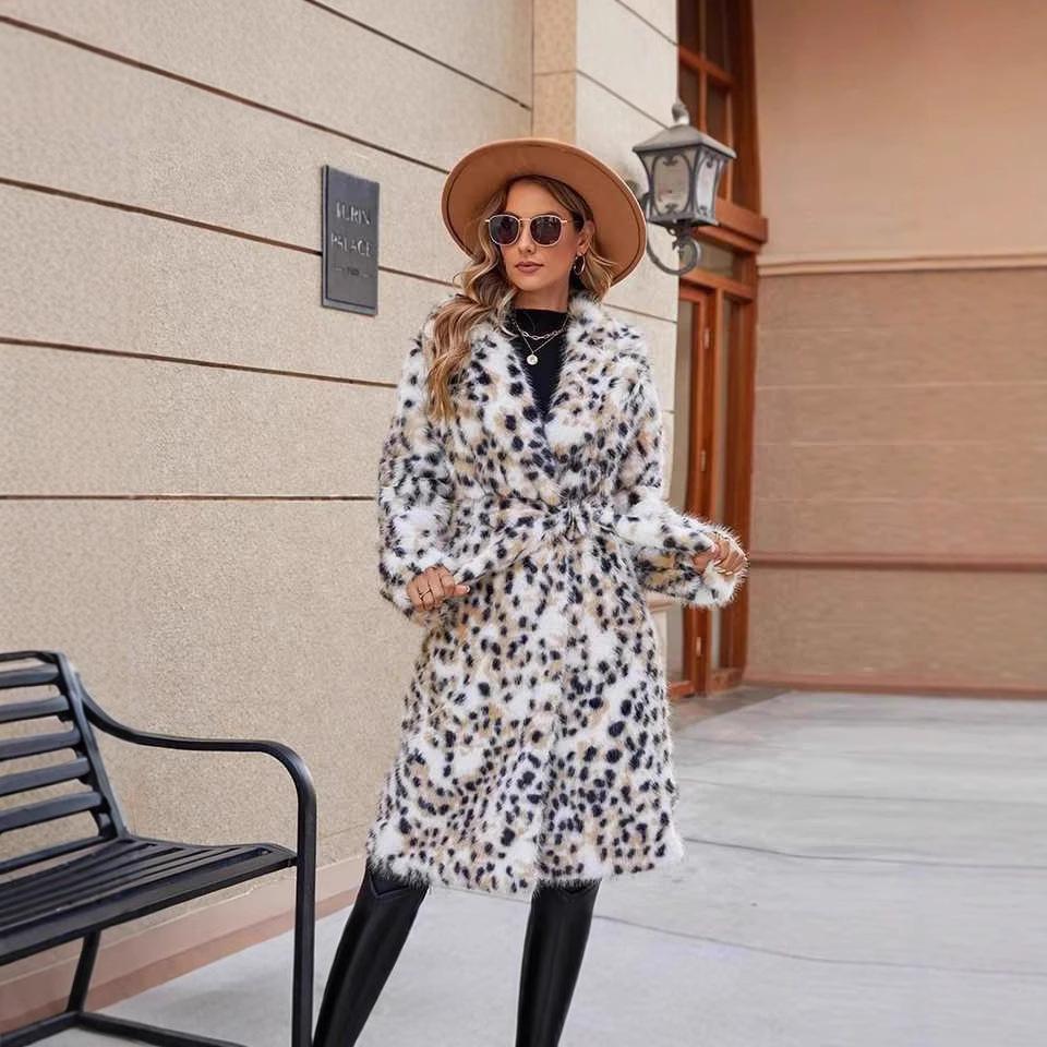 

Пальто из искусственного меха с леопардовым принтом, удлиненное пальто из лисьего меха S