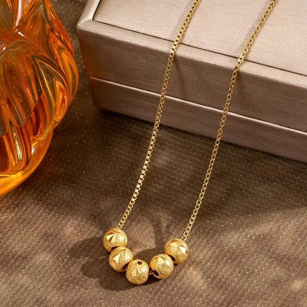 Women's Korean Style Lucky Bead Titanium Steel Necklace - Elegant Gold Bean Beads with Carved Surface Clavicle Chain Jewelry.