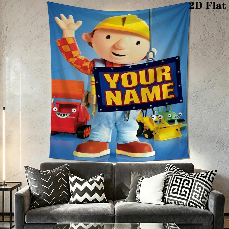 Custom Name Bob The Builder Wall Tapestry Aesthetic Wall Hanging Printed Fabric Blanket Decorative Tapestries for Bedroom Living Room Home Decor