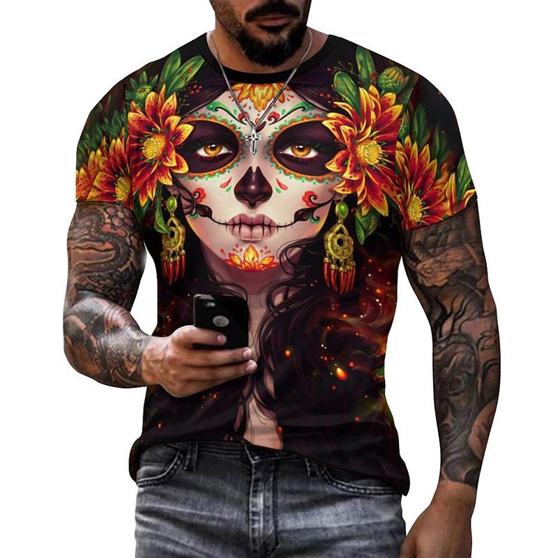 Summer Round Neck 3D Mexican Day of the Dead Skull Pattern Print Top Fashionable Casual Short Sleeved Men's T-shirts