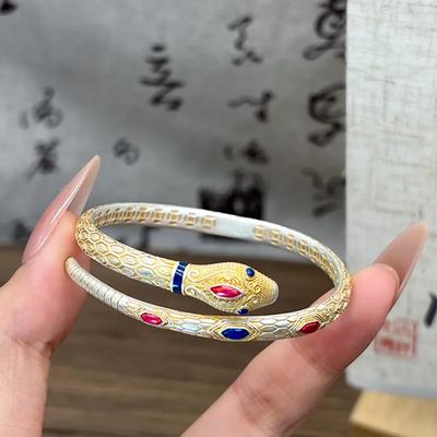 Ancient Method Enamel Color Bracelet, Snake Zodiac, Retro Literary and Ethnic Style