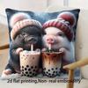 Cute Pig Drinking Bubble Tea Double-Sided Decorative Pillowcase, Cartoon Animal Cushion Cover For Sofa Office Car