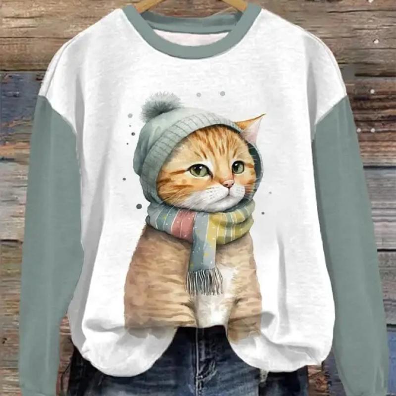 Stripet katt hettegenser for kvinner Mote O-hals genser Topp Uformell Streetwear Dame Genser Hip-Hop Dame Genser Klær