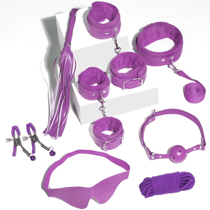 8pcs SM Sex Toy Set, Couple Sex Toys, Collars and Leashes, Handcuffs, Ankle Cuffs, Whips, Mouth Balls, Eye Masks, 10 Meter Rope, Nipple Clip Props