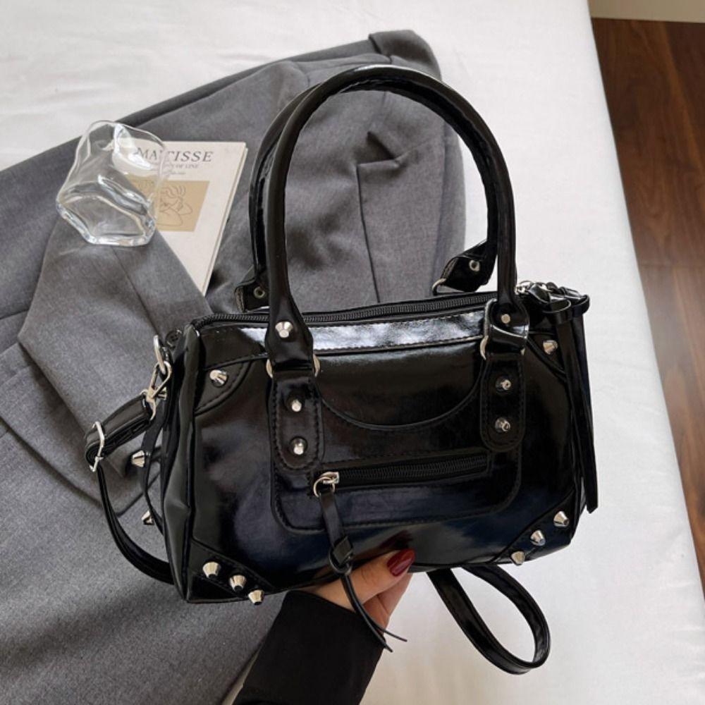 Vintage Boston Bag PU Leather Pillow Handbag Portable Retro Underarm Bag  Girls