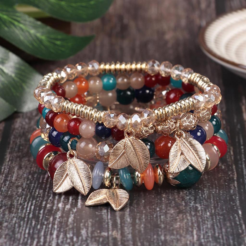 Bohemian Retro Beaded Bracelet with Leaf Pendant and Crystal Accents