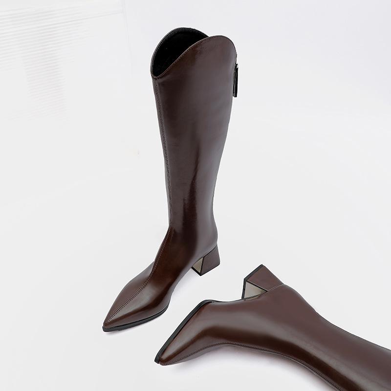 

Rear zipper thick heel boots custom brown pointed high tube v mouth knight boots custom British style boots women 39