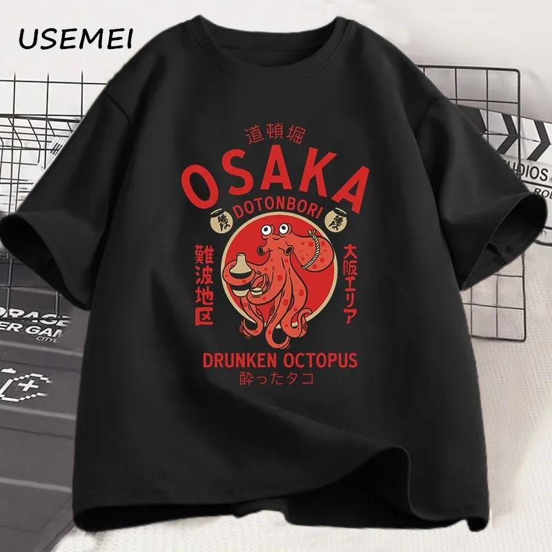 Osaka Dotonbori Betrunkener Oktopus Grafik T-Shirts Japanischer Stil Streetfood-Liebhaber T-Shirt Baumwolle Vintage Kurzarm Tees
