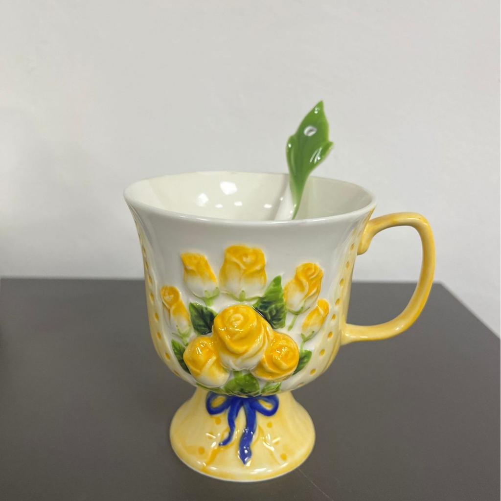 Enamel Rose Relief Cup&saucer Porcelain Coffee Mug Dining Table Flower Decorative Mugs Afternoon Tea Teacup Fruits Juice Cup