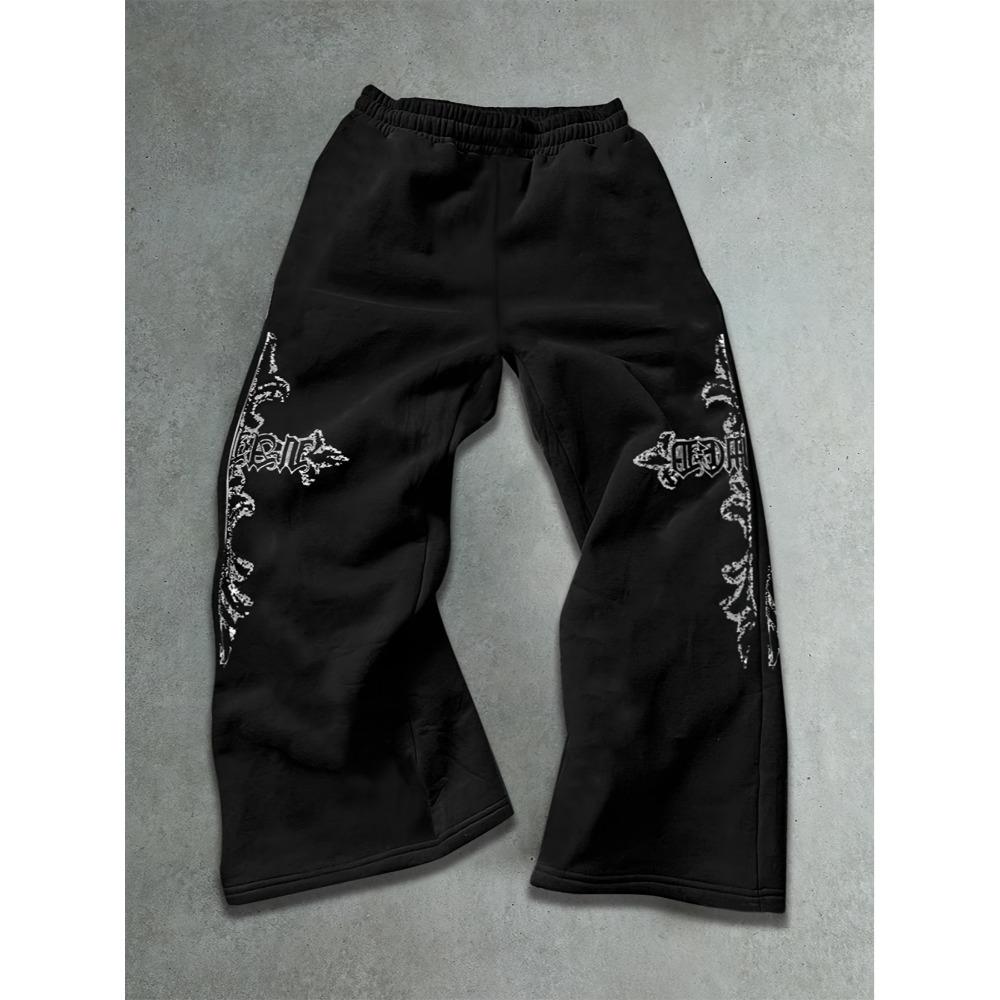 Trendy Black Loose Fit Sweatpants for Men, Wide Leg with White Abstract Flame Prints, Drawstring, Casual Street Style