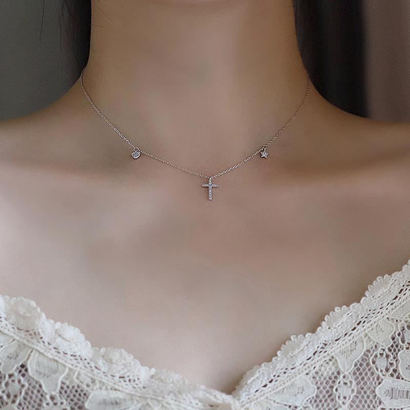 Full Diamond Cross Necklace Female Ins Temperament Light Luxury Star Moon Guardian Collarbone Chain Necklace