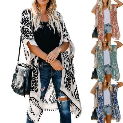 Costum de baie Tassle Ball cu protecție solară Cardigan Femei Boho Jumătate de mânecă Imprimat Plajă Cover Up