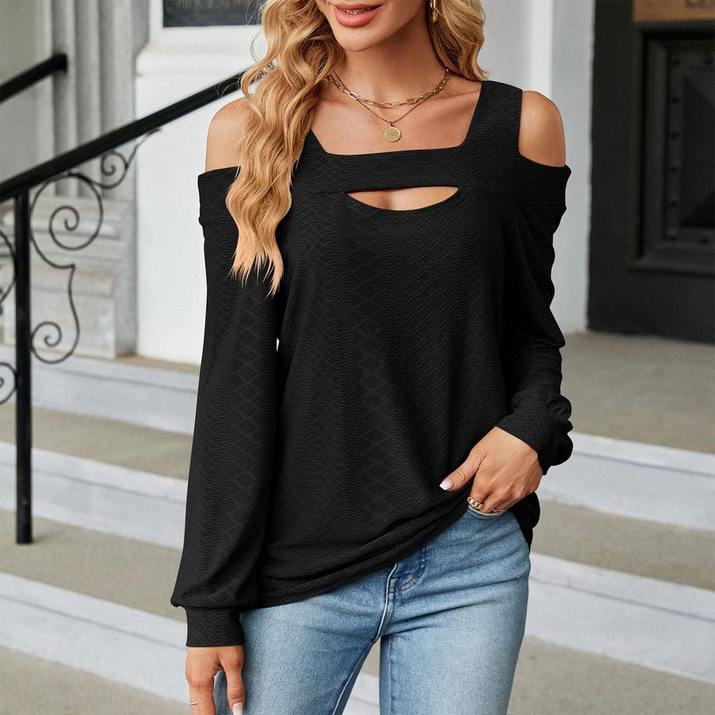 Women's Fashionable Color Loose Round Neck Long Sleeved Off Shoulder Pullover T-shirt Top