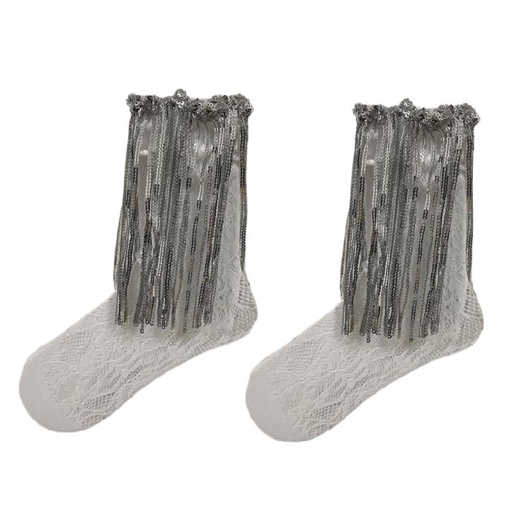 Korean Women Hollowed Lace Sock Glittering Sequins Tassels Trim Long Calf Sock