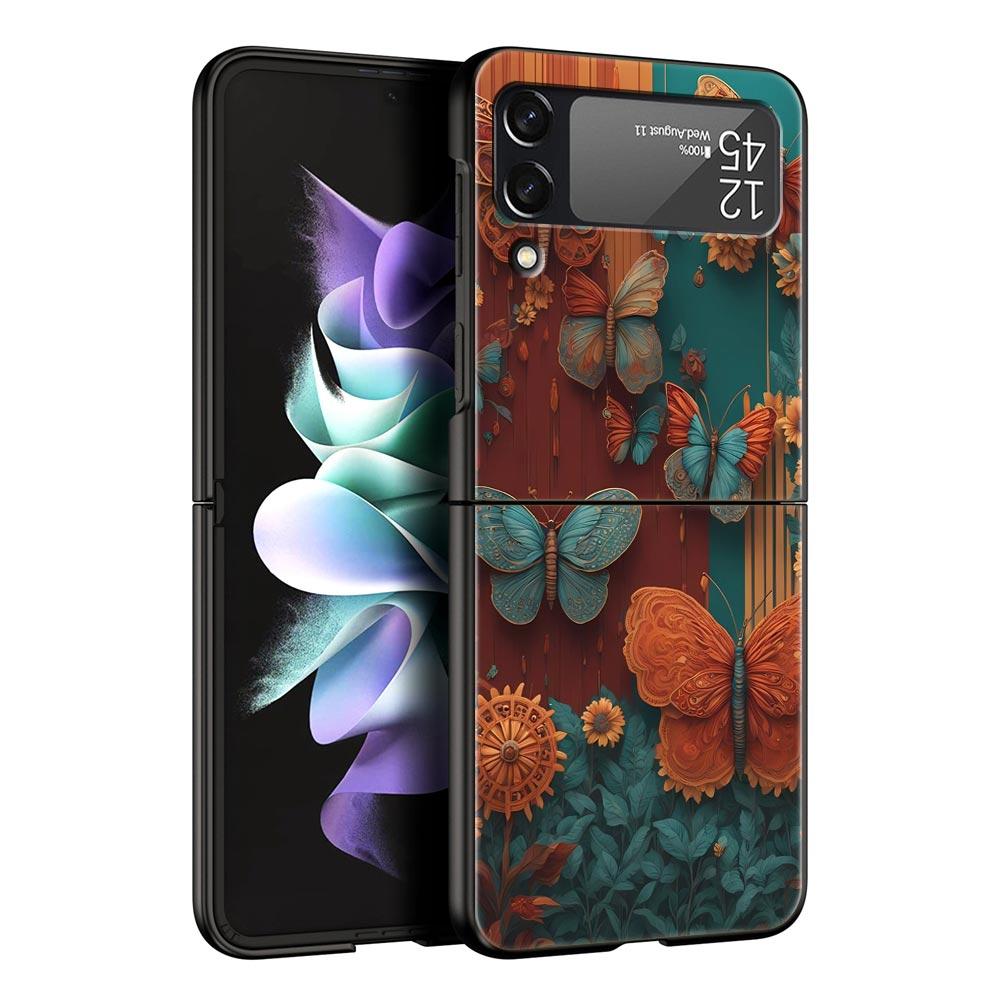 Fashionable Butterfly Flower Pattern Hard PC Phone Case For Samsung Galaxy Z Flip 7 6 5 4 Black Cover For Galaxy Z Flip 3 Shell