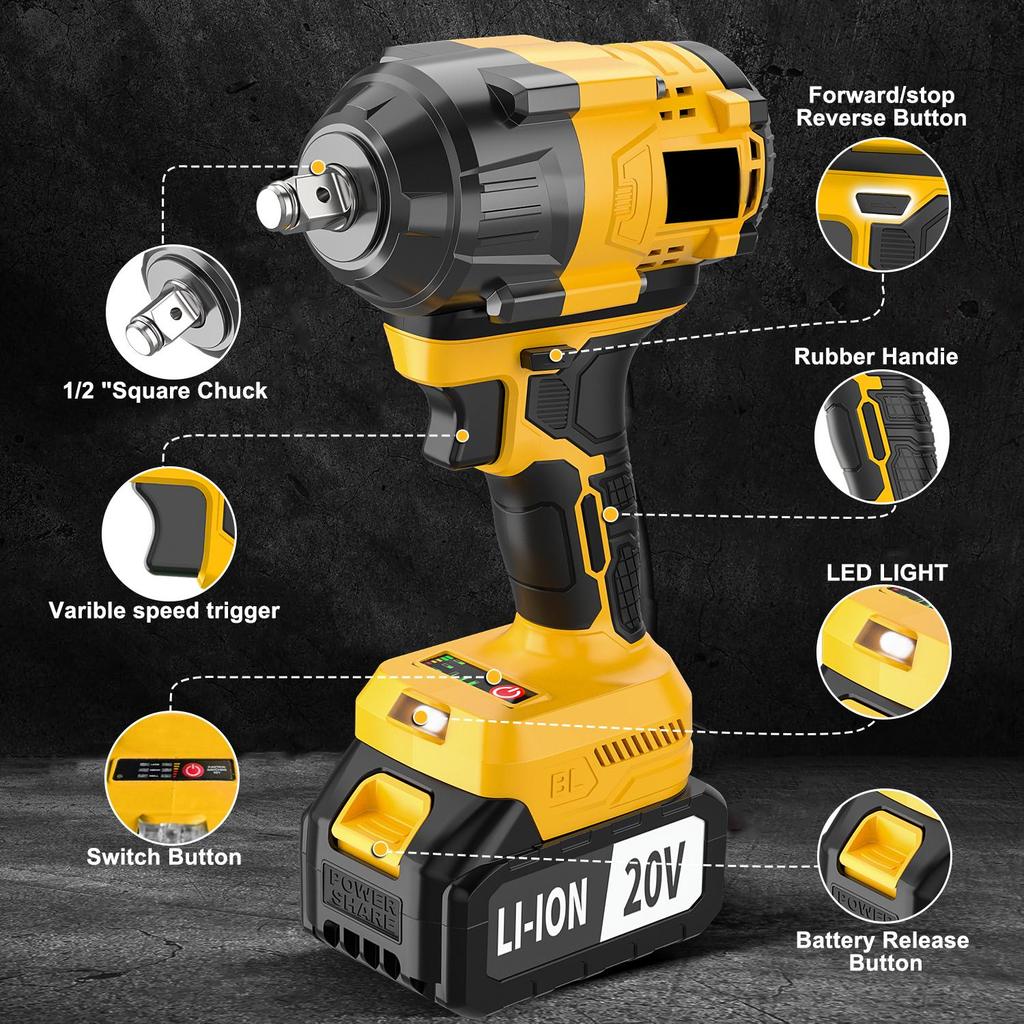 3 1/2 20V Industrial-Grade Cordless Impact Wrench 800nm Max Torque DIY Electric Wrench Drop Shipping Supported EU Local
