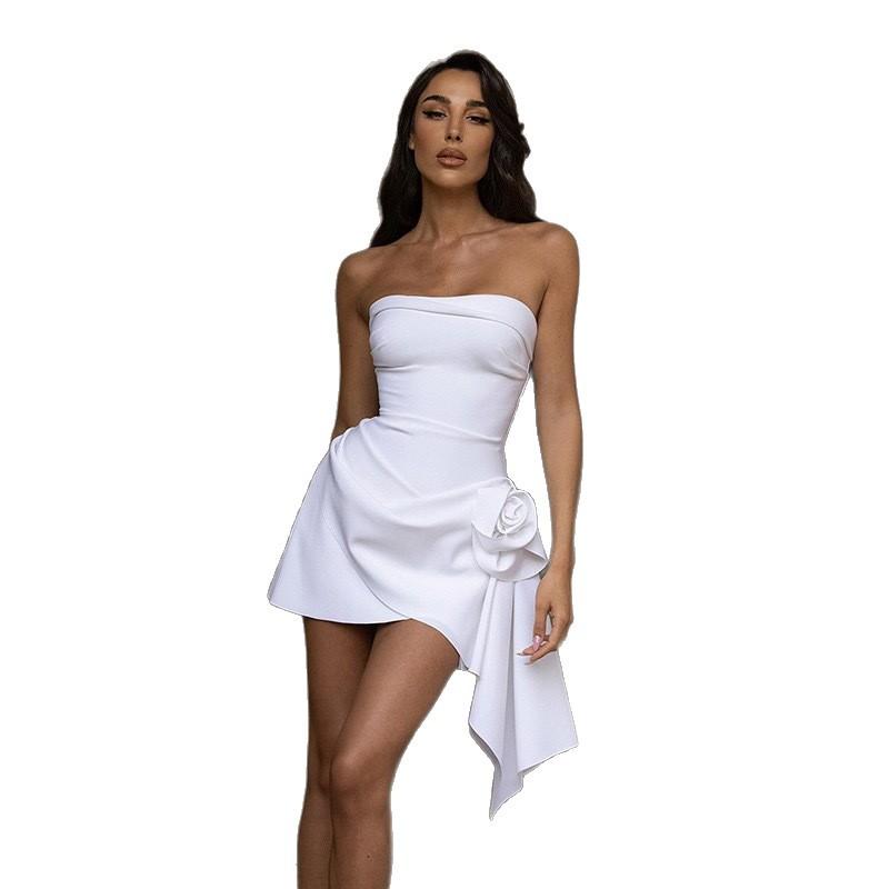 European and American Women's Clothing New Fashion Solid Color Sleeveless Tube Top Sexy Slim Flower Dress Wholesale