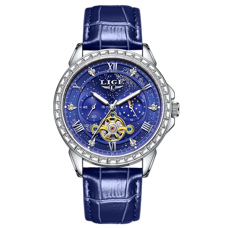 LIGE Men's Tourbillon Waterproof Mechanical Watch with Moon Phase