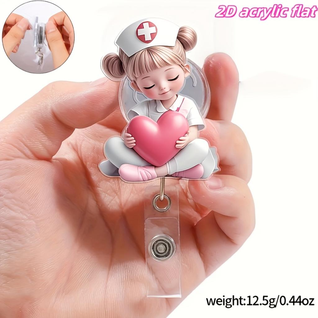 2D flacher Acryl-Rosa-Herz-Krankenschwester-Einziehbarer Ausweisclip, Langlebiger Arbeitsausweishalter für Medizinstudenten, Krankenschwestern, Klinische Praktiker
