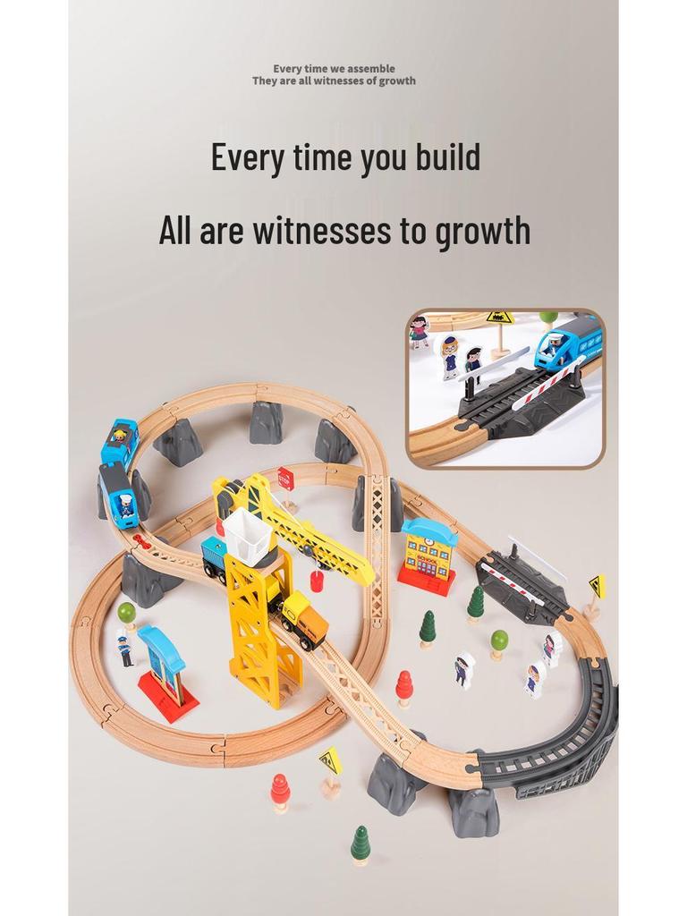 Wooden Train Toy Set with Tower Crane for Kids - Educational Assembly Playset