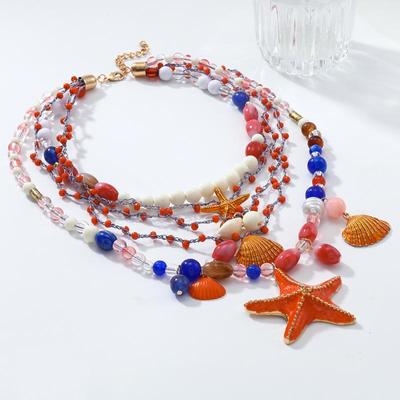 Multi-Layer Hand Woven Beaded Starfish Shell Necklace For Women Summer Ocean Vacation Style Party Jewelry Neck Accessories