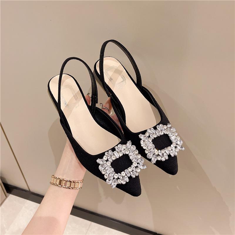 Design Sense Niche Low-heeled Shoes French Retro Single Shoes Late Evening Temperament Celebrity Rhinestone Square Buckle Back with Sandals