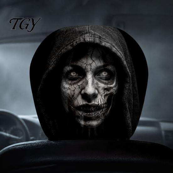 Funny Prank Car Accessories 2Pcs Ghost Face Headrest Covers, Halloween Horror Seat Decorations, Holiday Atmosphere Decor Universal Fit
