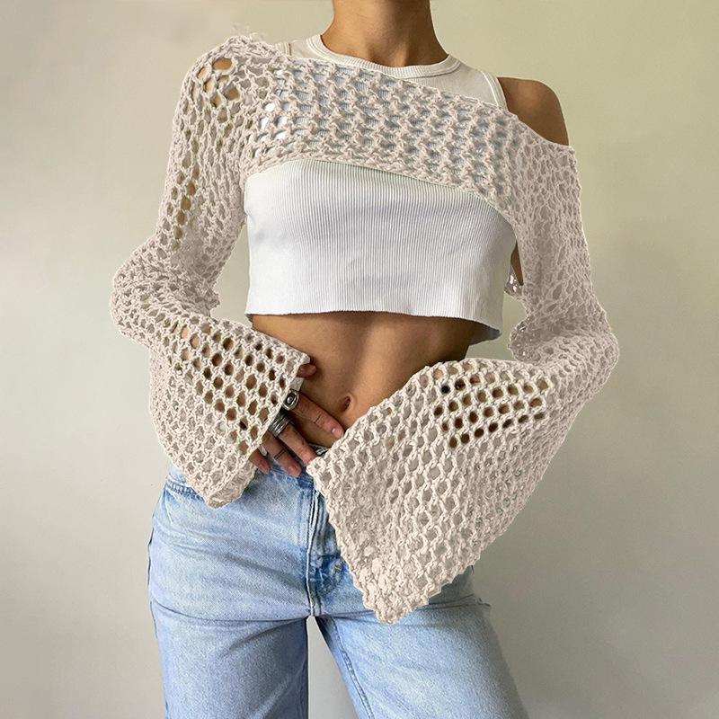 2025 Autumn Women's Ultra-Short Hand-Hooked Mesh Sweater with Trumpet Sleeves