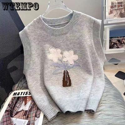 Embroidered Flower Knitted Vest Spring and Autumn Round Neck Loose Sleeveless Knitted Vest