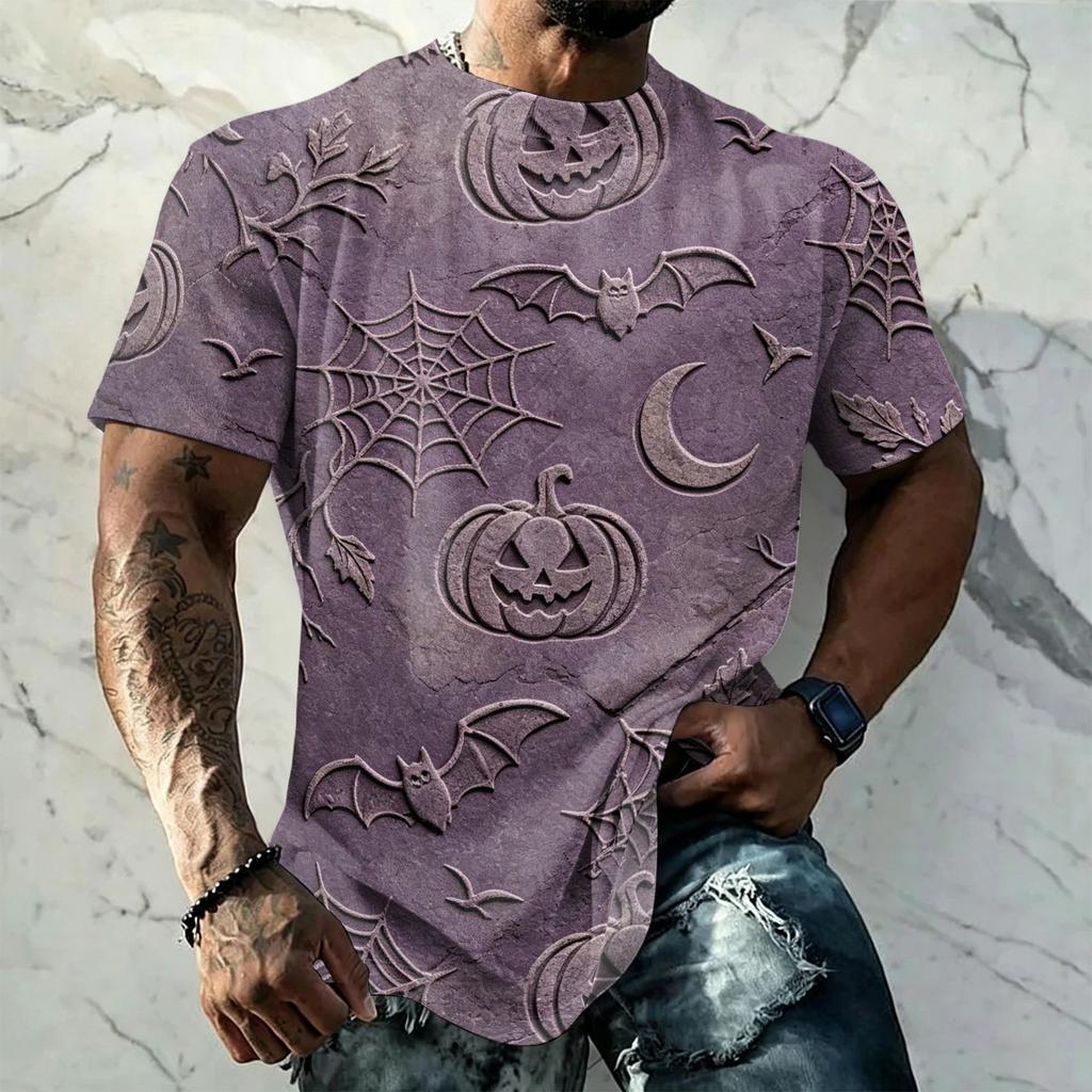 Men's Halloween Vintage Short Sleeve T Shirt Loose Breathable Summer Sports Street Casual Everyday Top with Pumpkin and Bat Print