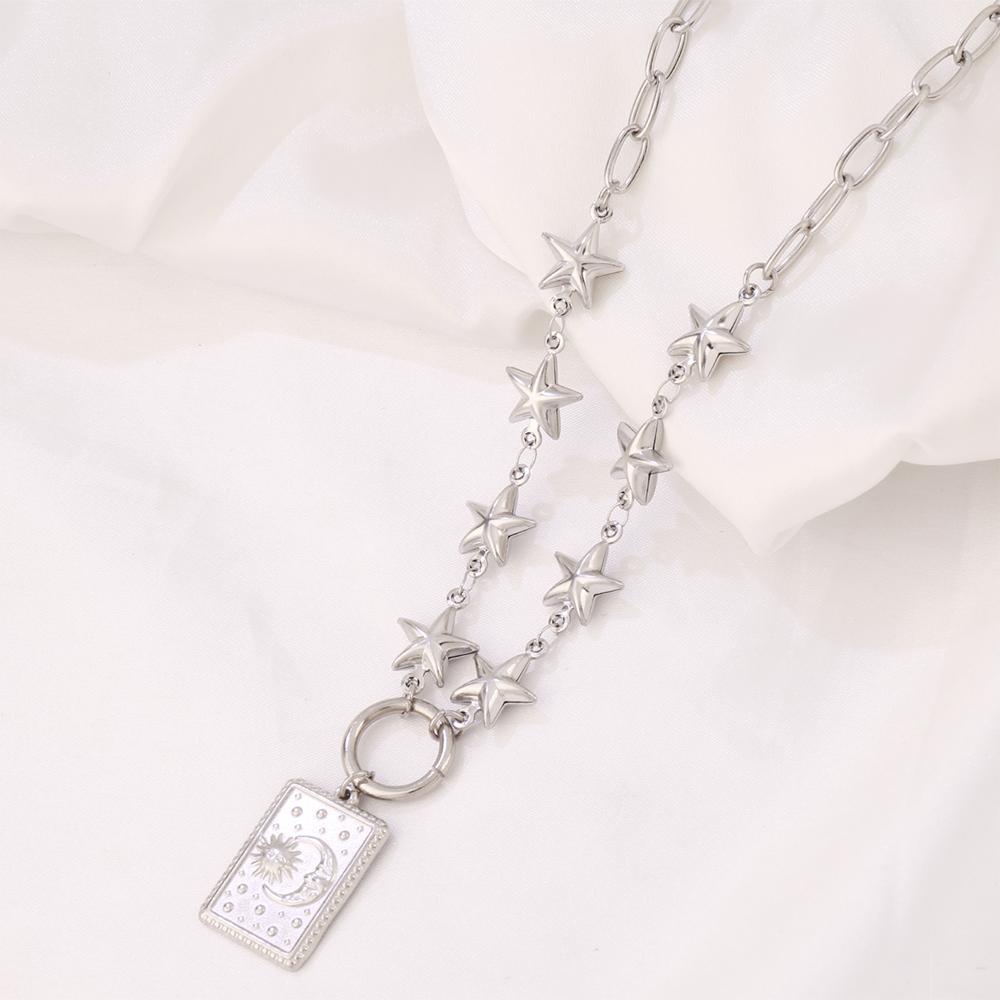 Stainless Steel Spliced Hollow Stars Chain Necklace For Women Square Card Sun Moon Pendant Necklaces Summer Party Jewelry Gifts