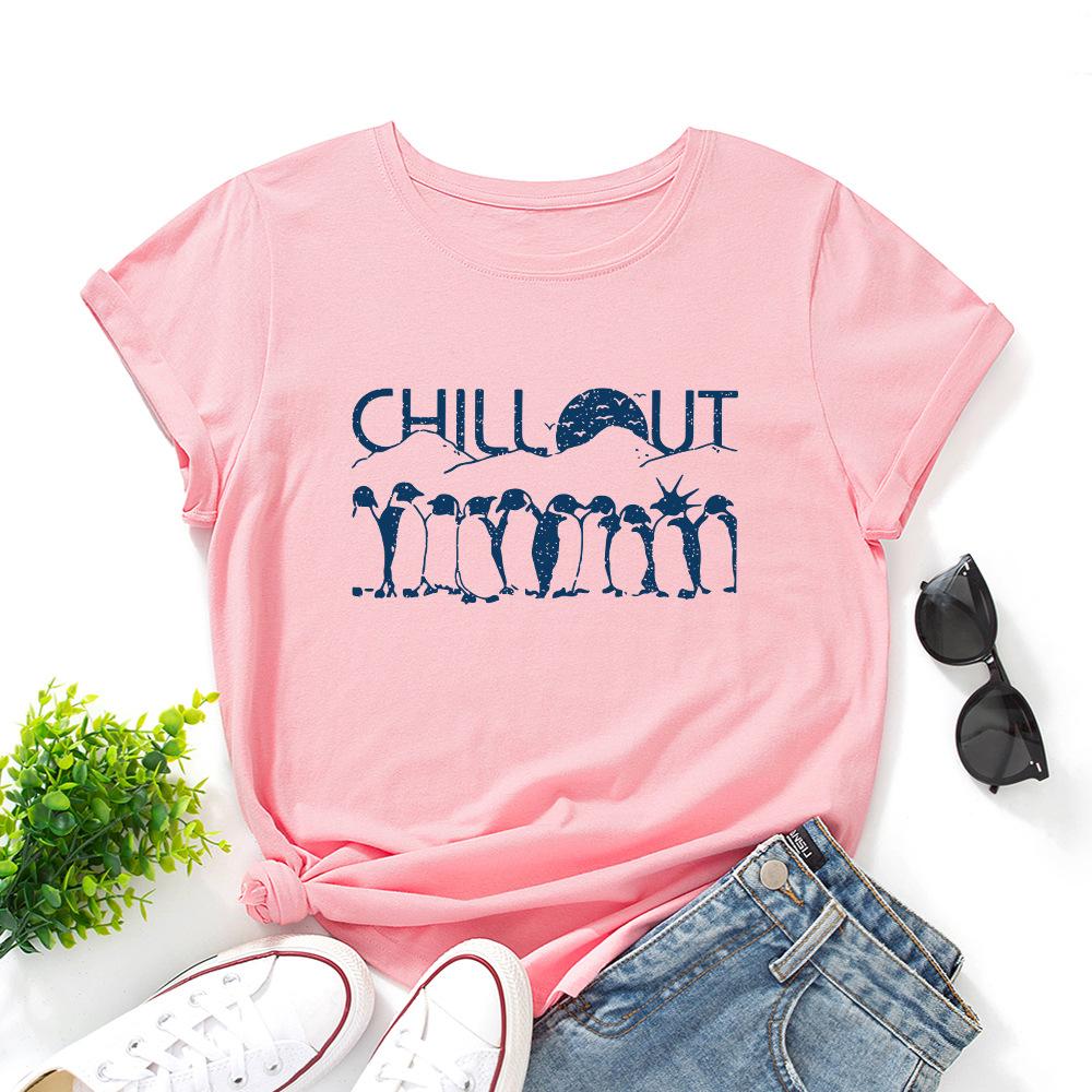 Penguin Cotton T-Shirt Short Sleeve Round Neck Women 2d Print Tops