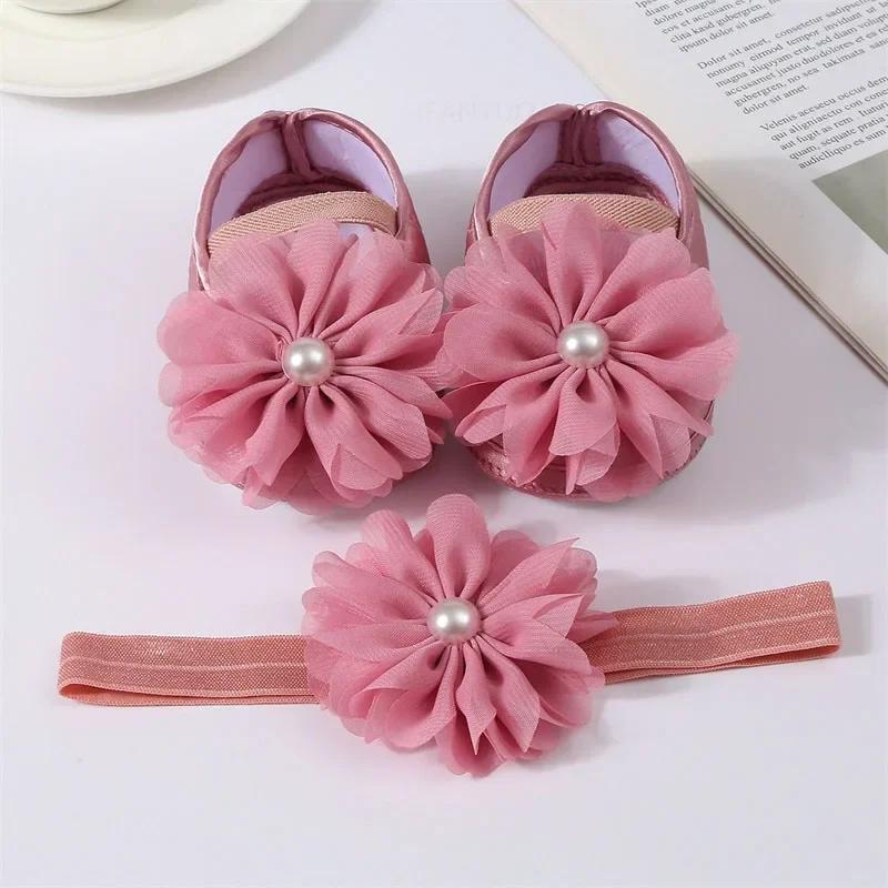

Newborn Girls Baby Shoes Party Pearl Flower Lace Baby Girl Headband Set Non Slip Cute Preschoolers Toddler Infant First Walkers 11(0-6Months)