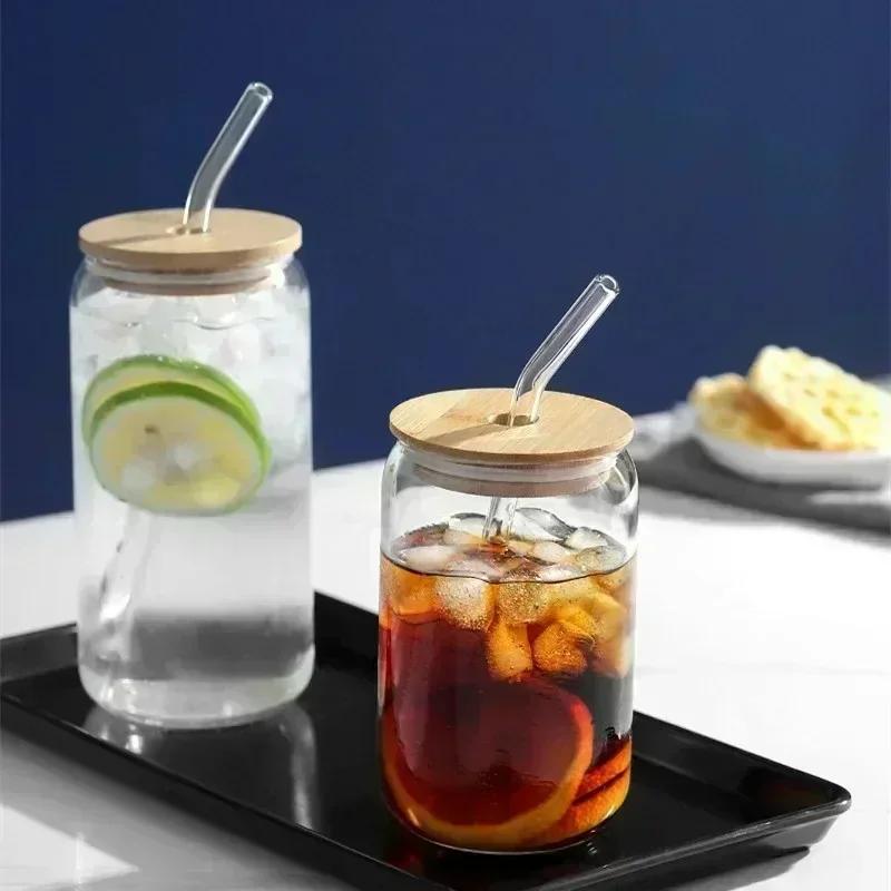 350ml/550ml Glass Cup Cola Cold Drink Water Cup with Bamboo Lid Coffee Milk Juice Straw Mug Beer Can Drink Home Breakfast Cup