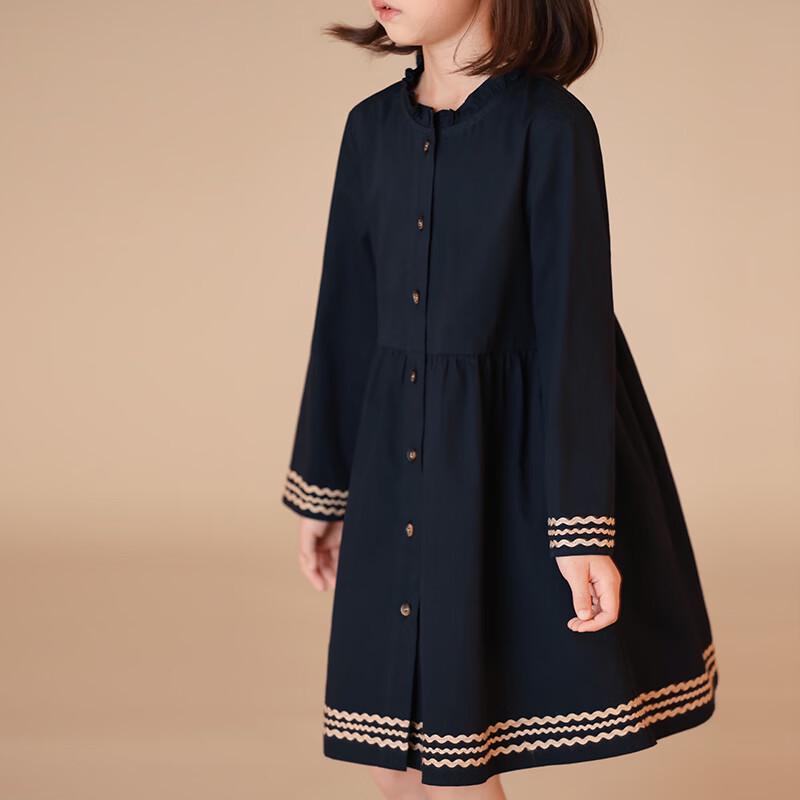 Hacikis Girls' Navy Preppy Style Long Sleeve Cotton Dress