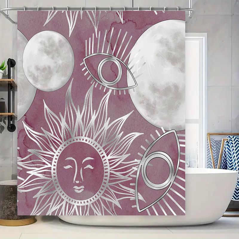

Sun And Moon Shower Curtain Set: Modern Watercolor Print For Bathroom Decor Rose Pink Sunburst Pattern With Eyes Design, Made Of W60H190(CM)-1 Pcs